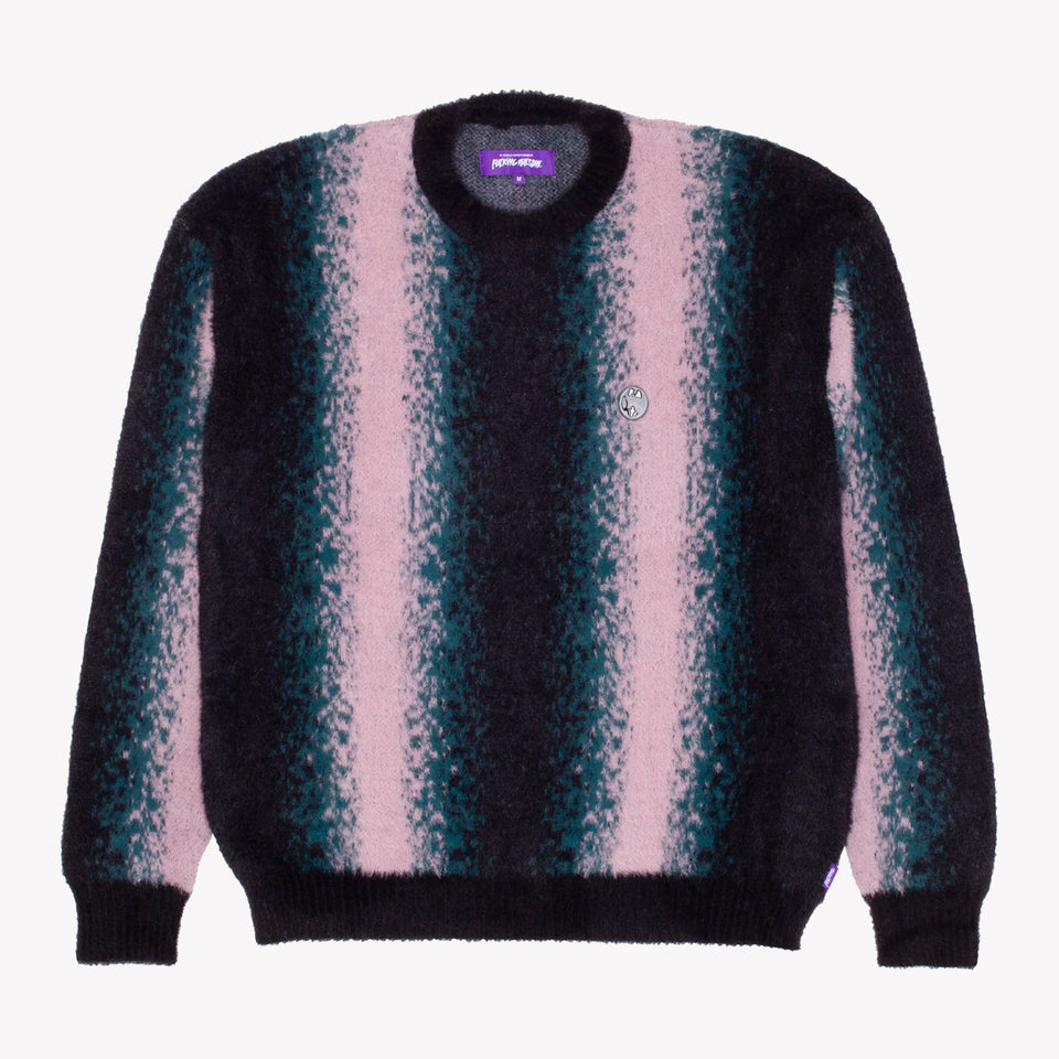 STRIPED FAUX HAIRY CREWNECK