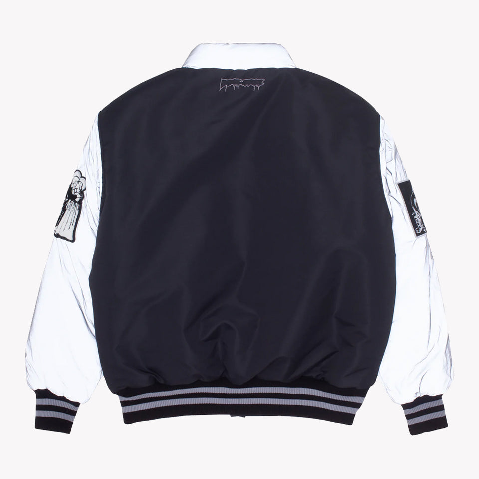 REFLECTIVE REVERSIBLE VARSITY PUFFER JACKET