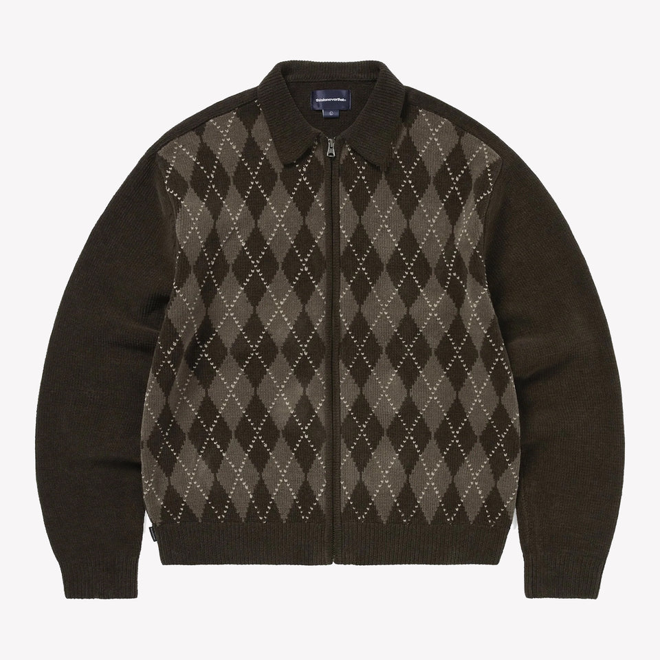 Argyle Zip Knit Cardigan Brown