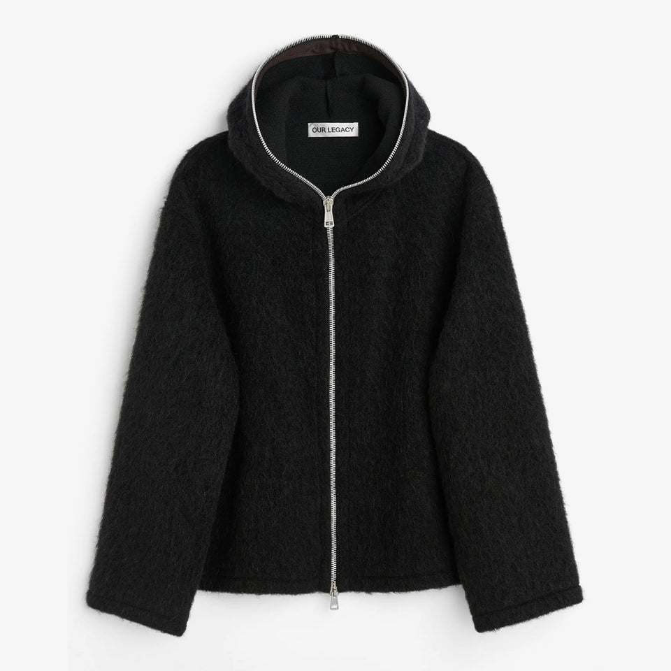Full Zip Hood Black Hairy Wool