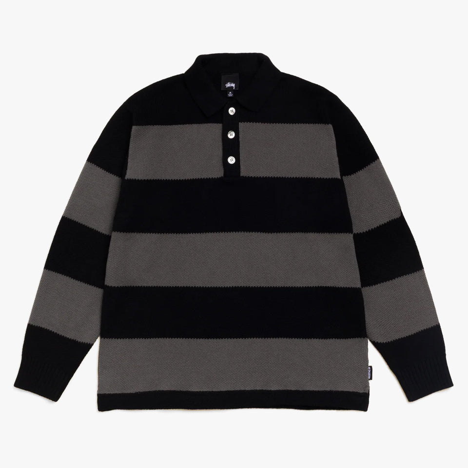 Pique Knit Stripe Rugby Black
