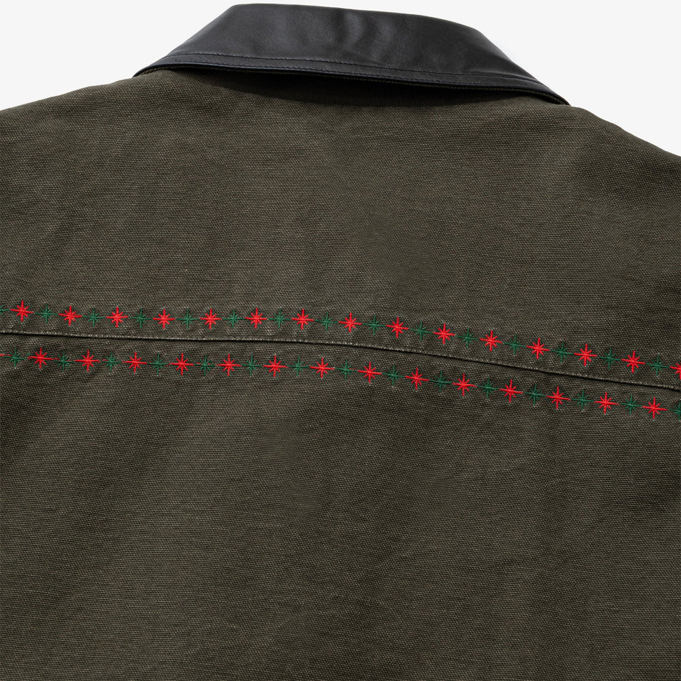 Leather Collar Work Jacket Olive